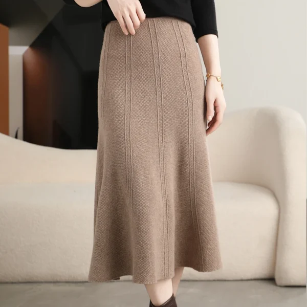 Gonna lavorata a maglia in pura lana al 100% Autunno e inverno da donna Nuova gonna lunga a vita alta e anca di media lunghezza Gonna ombrello in cashmere sottile 5