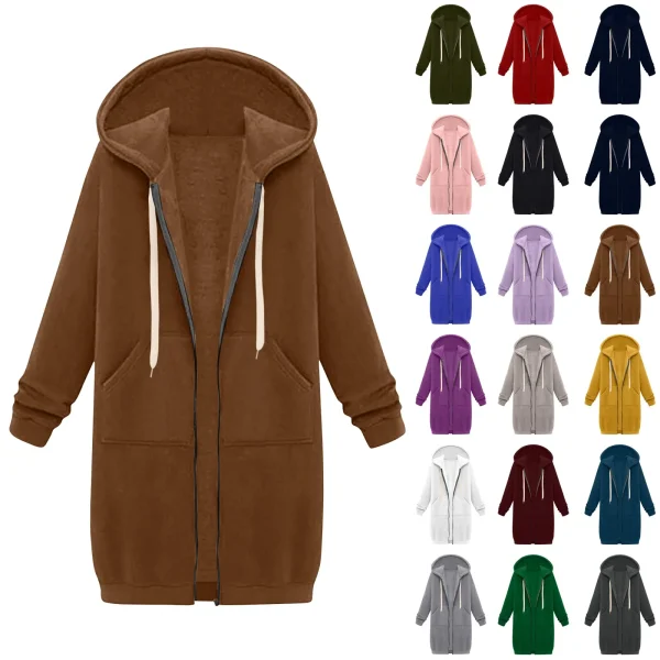 2024 delle nuove donne zip up felpe con cappuccio in pile oversize tunica lunga felpe casual manica lunga autunno con cappuccio tasche cappotto solido 2
