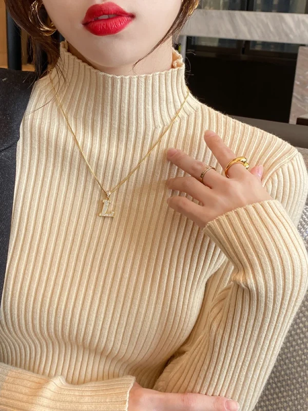 Top eleganti in maglia basic tinta unita maglione da donna con collo alto manica lunga pullover casual sottile moda coreana abiti semplici chic 3