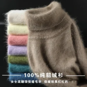 Autunno Inverno 100% visone maglione di cashmere donna maglieria pullover spesso caldo tinta unita plus size base risvolto alto abbigliamento top 1