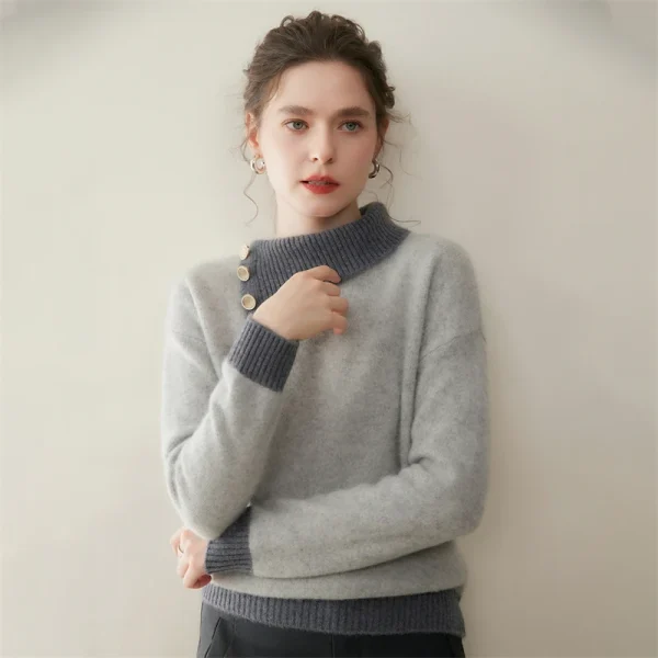 Maglione di cashmere 100% colletto rovesciato irregolare pullover con bottoni laterali donna blocco colore addensare maglieria allentata autunno inverno 5