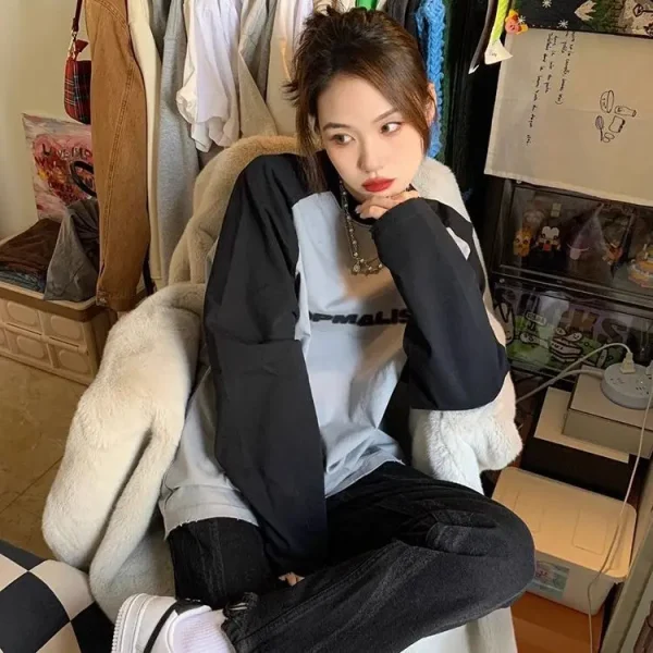 maglietta oversize primavera autunno harajuku maglietta vintage con stampa di lettere maglietta pullover da donna manica lunga y2k top unisex streetwear 2