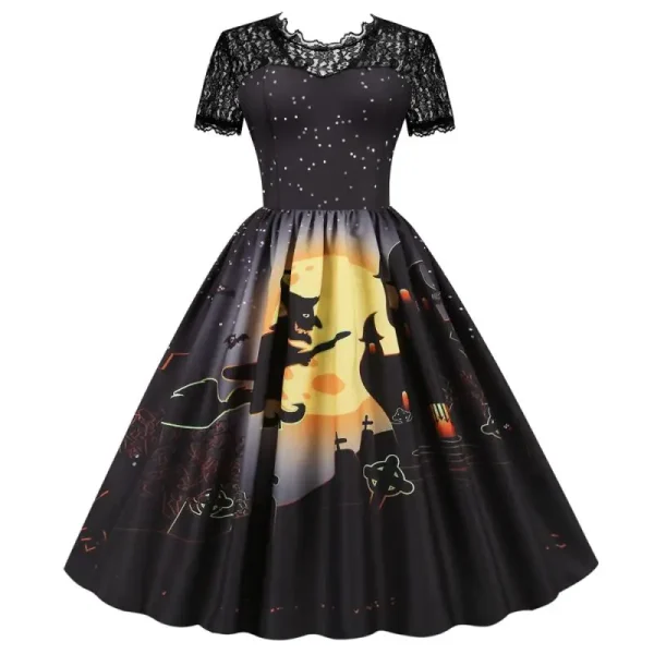 Abito da Halloween Costume da donna in pizzo a maniche corte a vita alta Abiti casual da ballo per feste da sera vintage 6