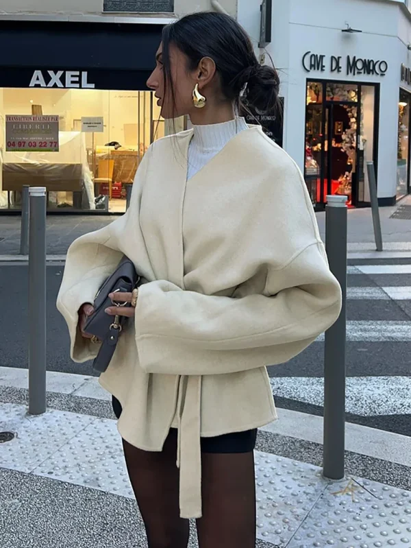 Cappotto con lacci solido moda per donna Giacca elegante a maniche lunghe con scollo a V 2025 Autunno Inverno New Lady Street Capispalla 2