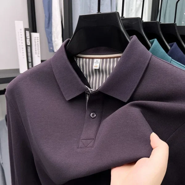 Men's casual long sleeved polo shirt autumn new loose solid color classic versatile lapel T-shirt 6