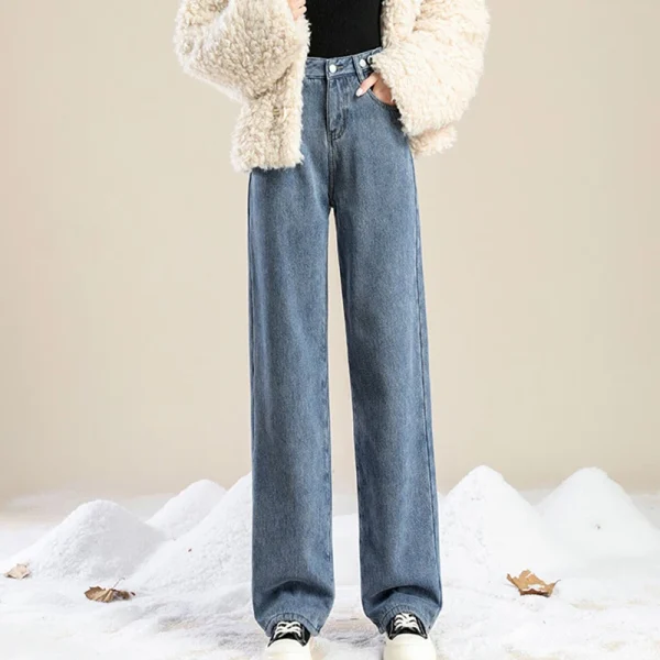 Donna Vita alta Streetwear Jeans addensati Pantaloni larghi moda femminile Lady Nero Grigio Azzurro Blu Punk Pantaloni in denim termico 3