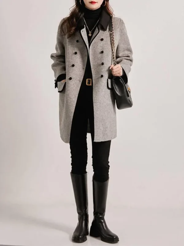 Onecozyday Cappotto doppiopetto grigio da donna Colletto dentellato Maniche lunghe Capispalla larghi 2025 Autunno Nuovi cappotti di tweed 3