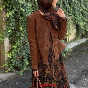 KONDALA Streetwear Pelle scamosciata Donna Giacche O Collo Bottoni Manica lunga Giacche corte Moda 2025 Autunno Inverno Capispalla casual 1