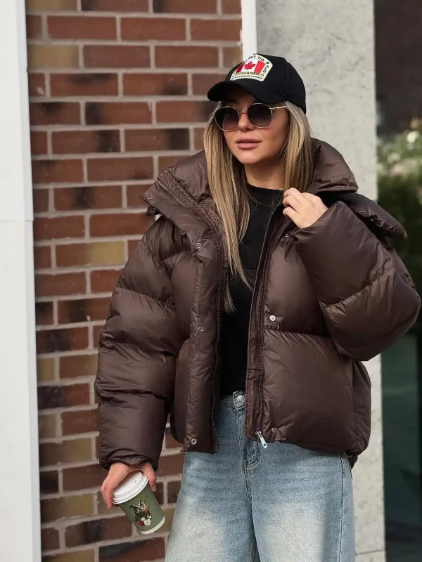 Cappotto corto in cotone marrone tinta unita Cappotto casual da donna con risvolto manica intera monopetto giacca ampia invernale da ufficio 2025 5