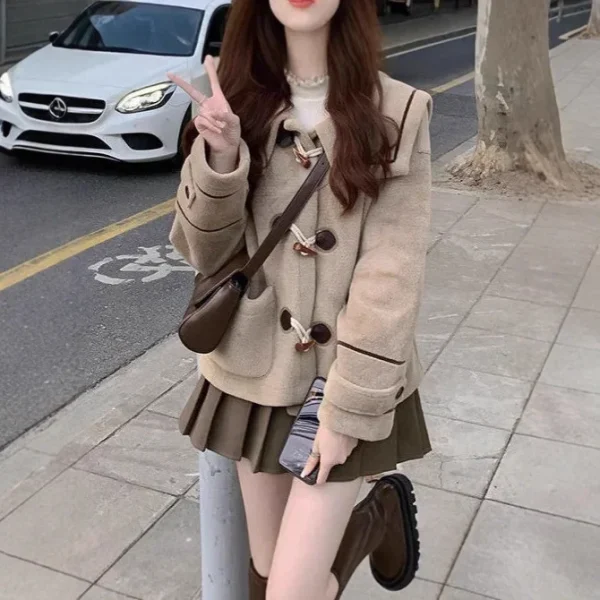 Minigonna scozzese chic color kaki per donna Autunno Inverno Nuovo stile Studente universitario Puro desiderio Gonna mezza lunghezza dimagrante 4