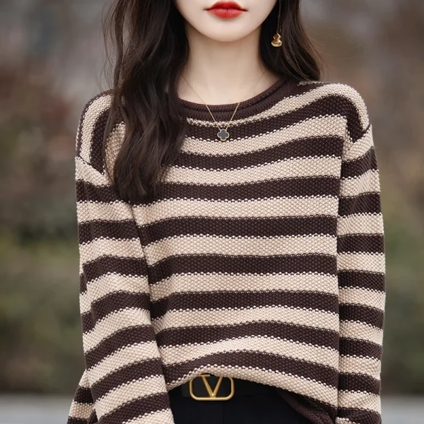 Donna 100% cotone maglione autunno inverno arricciato o-collo Pullover manica lunga fondo strisce colorate maglieria abbigliamento sciolto 3