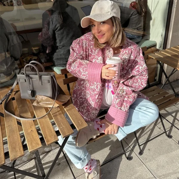Giacca da donna in cotone stampato allentato e dimagrante a maniche lunghe alla moda e versatile in stile europeo e americano 2024 4