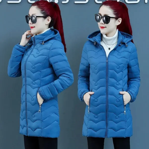 Nuovo Autunno inverno Parka Giacca imbottita calda moda donna Manica lunga con cappuccio Cappotto di cotone di media lunghezza femminile tuta sportiva sottile T528 6