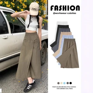 Pantaloni da lavoro Yamanaka da lavoro stile americano Pantaloni da donna estivi sottili a vita alta con spacco A-Line Minigonna Pantaloni larghi in seta ghiacciata 1