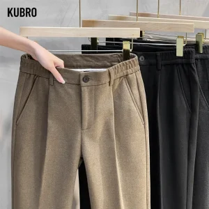 Pantaloni da abito autunno inverno uomo spesso business elastico in vita classico grigio marrone lana pantaloni formali coreani dritti uomo 28-38 1