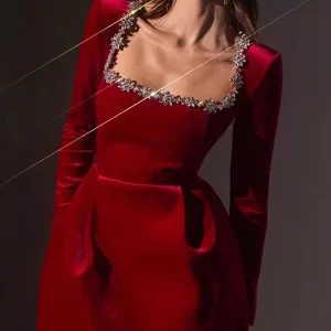 Abito corto con perline in velluto Donna Slim Manica lunga Colletto quadrato A-line Abiti da festa a vita alta 2025 Abiti da sera da donna nuova 1