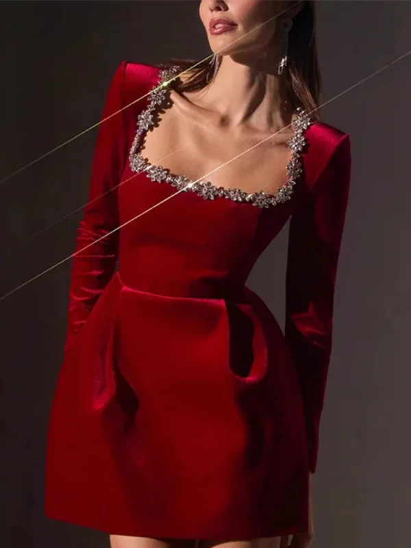 Abito corto con perline in velluto Donna Slim Manica lunga Colletto quadrato A-line Abiti da festa a vita alta 2025 Abiti da sera da donna nuova 1