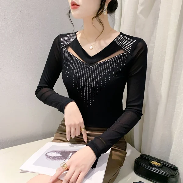 Nuovo 2025 Primavera Autunno a maniche lunghe V-Nek T-shirt da donna Moda Sexy Scava Fuori Hot Drilling Mesh Top Blusas 4