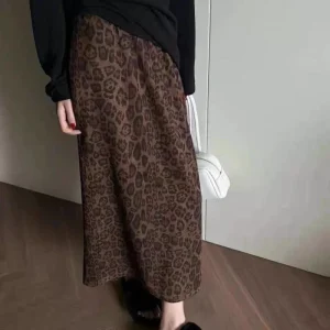 Gonna longuette da donna con stampa leopardata in autunno e inverno Gonna retrò a vita media lunga e elastica Gonna lunga abbinata 1
