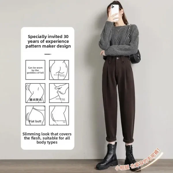 Pantaloni di lana dimagranti a vita alta per donna Autunno Inverno Pantaloni Harlan casual a gamba dritta larghi Stile nonna 3