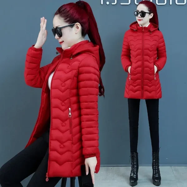 Nuovo Autunno inverno Parka Giacca imbottita calda moda donna Manica lunga con cappuccio Cappotto di cotone di media lunghezza femminile tuta sportiva sottile T528 3