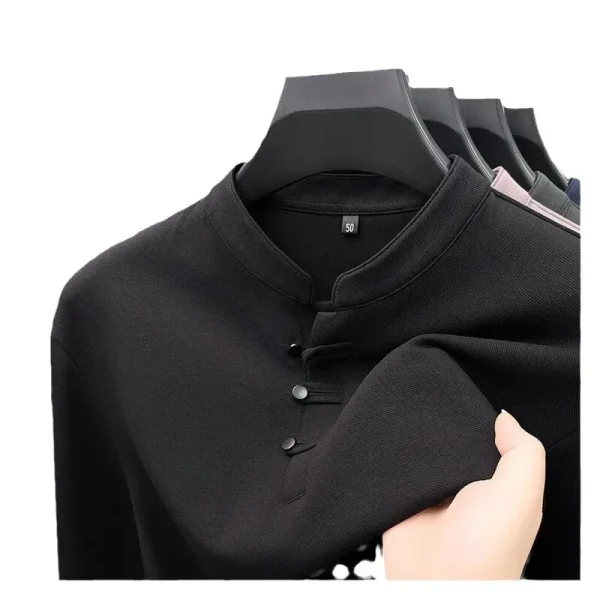 T-shirt a maniche lunghe da uomo 2024 nuova primavera e autunno felpa con cappuccio casual da uomo in stile cinese con colletto rialzato con base in cotone 5