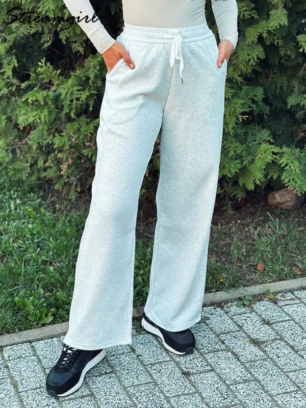 Pantaloni sportivi grigi a gamba dritta Pantaloni neri a gamba larga da donna Pantaloni larghi a vita alta autunnali Pantaloni sportivi da jogging bianchi per le donne 2