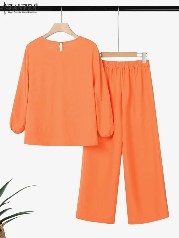 ZANZEA Donna Due Pezzi Outfit 2025 Moda Top a Manica Lunga Autunno Casual Solido A Vita Alta Pantaloni Lunghi Set 2PCS Abiti Tuta 4
