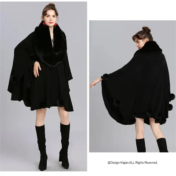 Mantelle a pendolo grande da donna Poncho scialle con palla di pelo invernale maglione lavorato a maglia oversize grande Cardigan con collo in pelliccia di volpe sintetica soprabito con Pompon 2