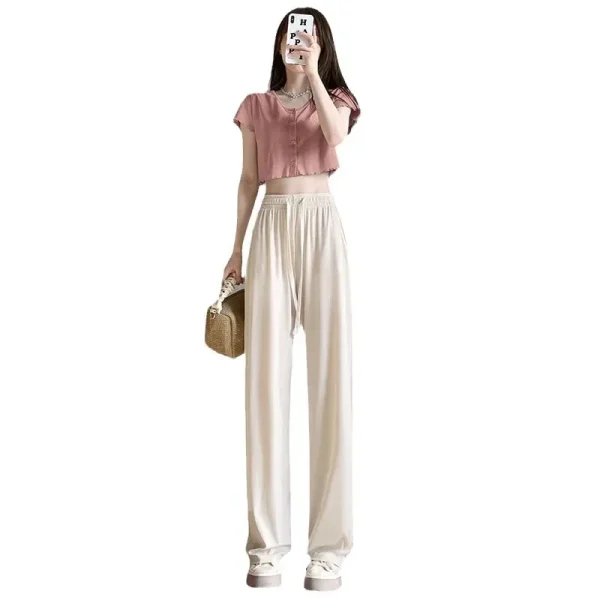 Pantaloni a gamba larga in seta grigia ghiaccio da donna estivi sottili e freschi a vita alta drappeggiati pantaloni larghi dritti casual a prova di zanzara con protezione solare 5