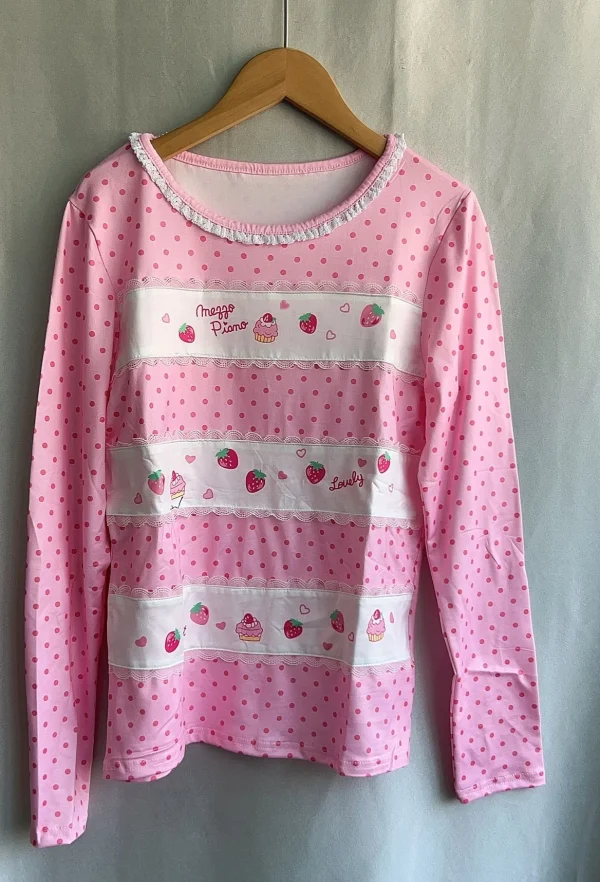 Dolce Polka Dot O-Collo T Camicette Donna Ropa Mujer Manica lunga Tees Chic Carino Camisetas Y2k Top Ricamo Fragola Tshirt 2025 5