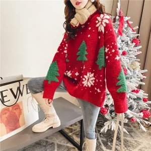 2024 Autunno/Inverno Nuovo Coreano Addensato Color block Maglione Di Natale Delle Donne Con Cappuccio Fiocco di Neve Allentato Girocollo Stile Pigro Magliette E Camicette 1