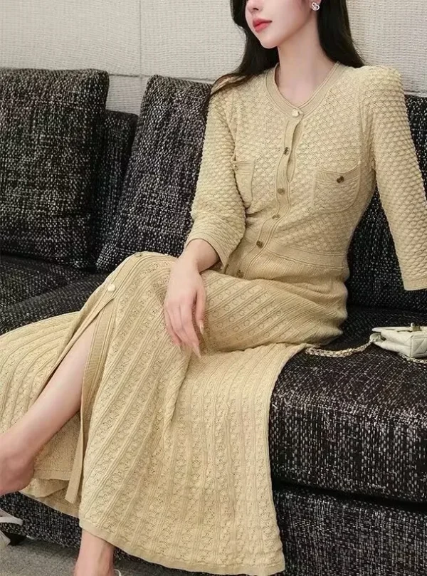 Abito lavorato a maglia scavato jacquard da donna autunnale Abito lungo alla moda e dimagrante per donna 1