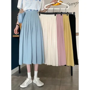 Gonna midi nera a trapezio da donna Primavera Estate Autunno Inverno Gonna a metà corpo a pieghe a vita alta in puro colore stile coreano 1