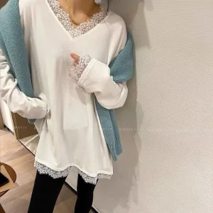 Patchwork di pizzo per giovani Taglie forti Top coreani Manica lunga Solid Semplicità T-shirt pigre Moda Casual Abbigliamento donna Primavera Autunno 1