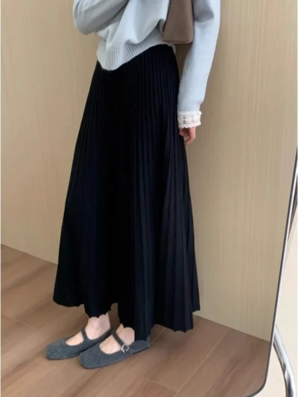 2026 Gonna longuette lavorata a maglia in cashmere kaki da donna, vestibilità ampia, drappeggiata, gonna a pieghe a trapezio snellente per l'autunno e l'inverno 6
