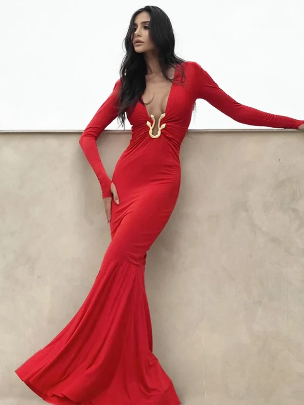 Strano Puss Metallo Increspato Vestito Delle Donne Profondo Scollo A V Manica Lunga Sexy Stretch Elegante Banchetto Hipster Compleanno Prom Party Abiti 2