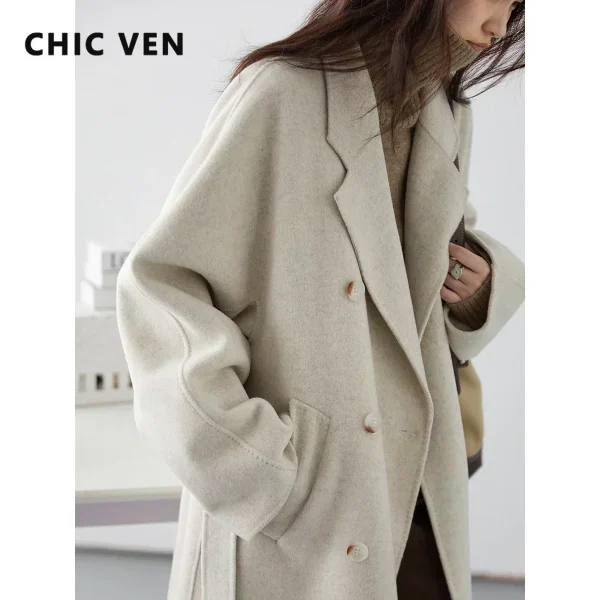 CHIC VEN Cappotti di lana lunghi double face da donna Cappotto femminile allentato retrò doppio petto Frangivento da donna Autunno Inverno 2025 2