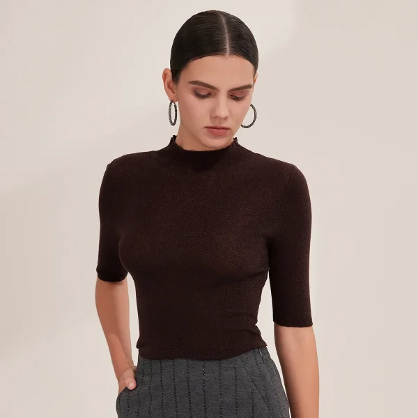 BY3521265 Maglione pullover slim fit da donna in maglia di lana merino superfine, mezza manica, girocollo 1