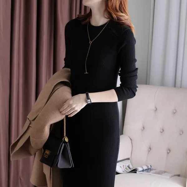 2023 Autunno/Inverno Versione coreana Nuovo girocollo Abito a maniche lunghe Slim Fit e moda Tinta unita Abito a trapezio di media lunghezza 3