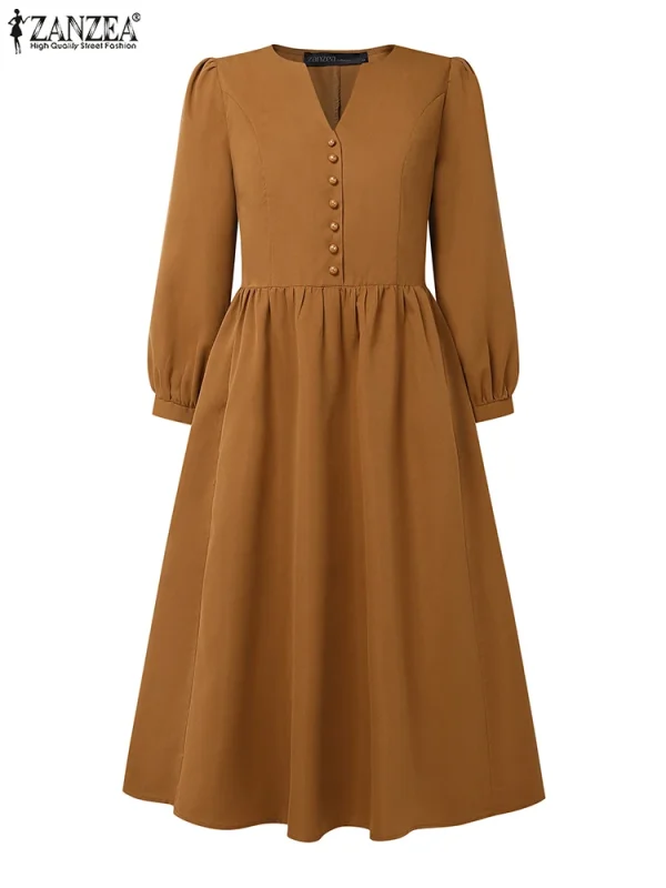 ZANZEA 2025 Autunno Abiti da lavoro solidi Donna Scollo a V Abito a maniche lunghe Elegante A Line Party Vestito estivo Casual Bottone solido Midi Robe 2