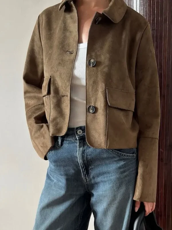 HH Giacca autunnale da donna Cappotto vintage in pelle scamosciata solida Manica lunga Colletto rovesciato Giacche corte Capispalla da strada alla moda 3