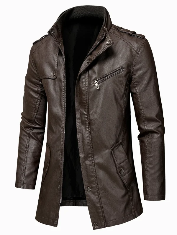 Cappotto lungo da uomo uomo autunno moda giacca lunga in pelle con tasca calda uomo inverno casual giacca in pelle vintage stile Inghilterra Parka 4
