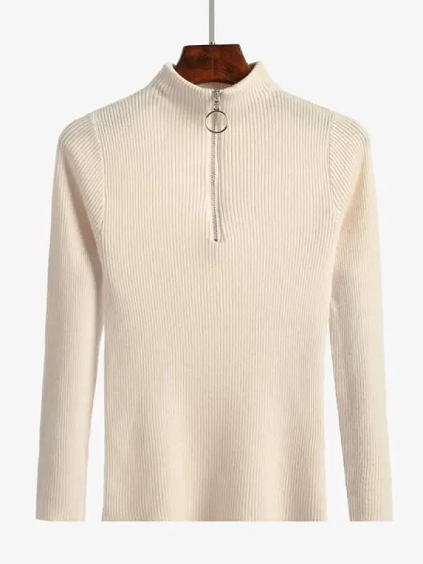 Maglioni lavorati a maglia solidi moda donna Maglione vintage a maniche lunghe con zip basic a mezzo collo alto Pullover femminili Top casual chic 6