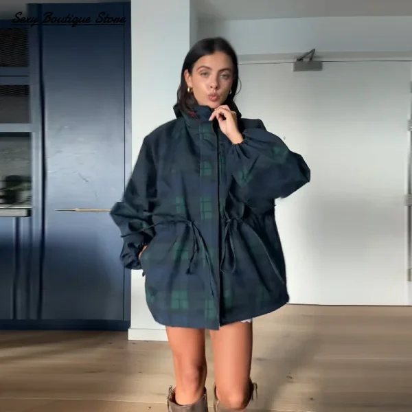 Giacca da donna allentata con griglia vintage Cappotto con colletto allentato oversize con cappuccio a maniche lunghe Capispalla con lacci 2025 New Lady Streetwears 4