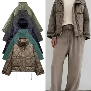 Giacca donna in cotone caldo Autunno e Inverno Colletto in piedi Manica lunga Zip frontale con bottoni Giacca Vintage 1