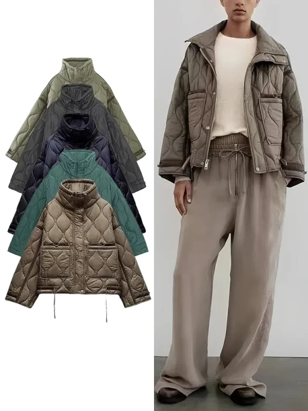 Giacca donna in cotone caldo Autunno e Inverno Colletto in piedi Manica lunga Zip frontale con bottoni Giacca Vintage 1