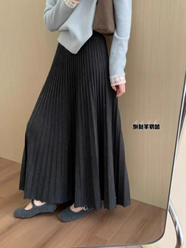 2026 Gonna longuette lavorata a maglia in cashmere kaki da donna, vestibilità ampia, drappeggiata, gonna a pieghe a trapezio snellente per l'autunno e l'inverno 3
