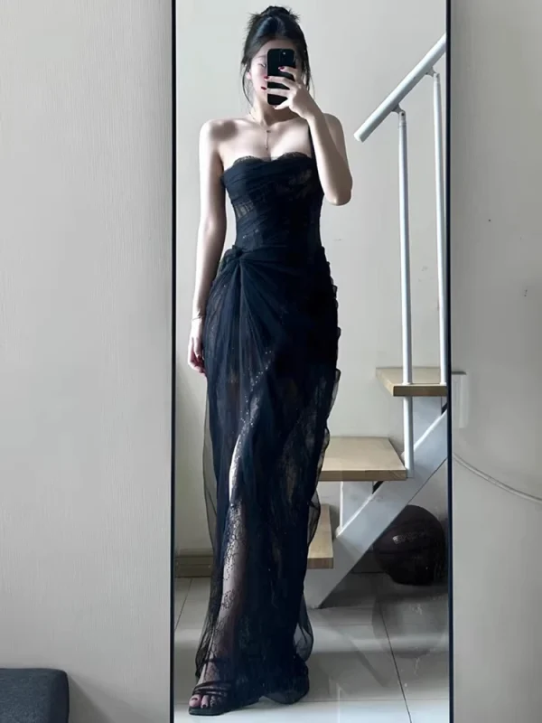 Elegante abito avvolgente in rete sul petto Abito primaverile da donna senza maniche con cinturino senza schienale Abito estivo a canotta lunga senza spalline a vita alta 4