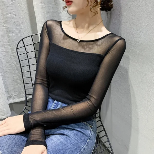 T-shirt girocollo autunno inverno da donna camicia sexy con fondo in rete manica lunga tinta unita slim fit manica lunga top casual 3